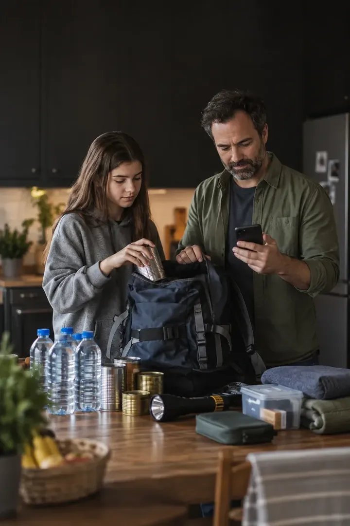 A father and his teenage daughter packing water, tinned food and a torch into a backpack at the kitchen table, following a checklist on a phone