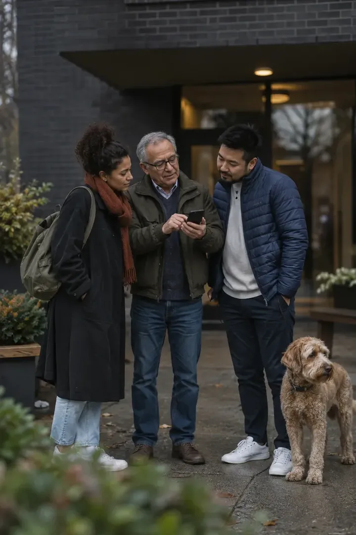 Three neighbours at an apartment entrance, one showing the others an alert on his phone